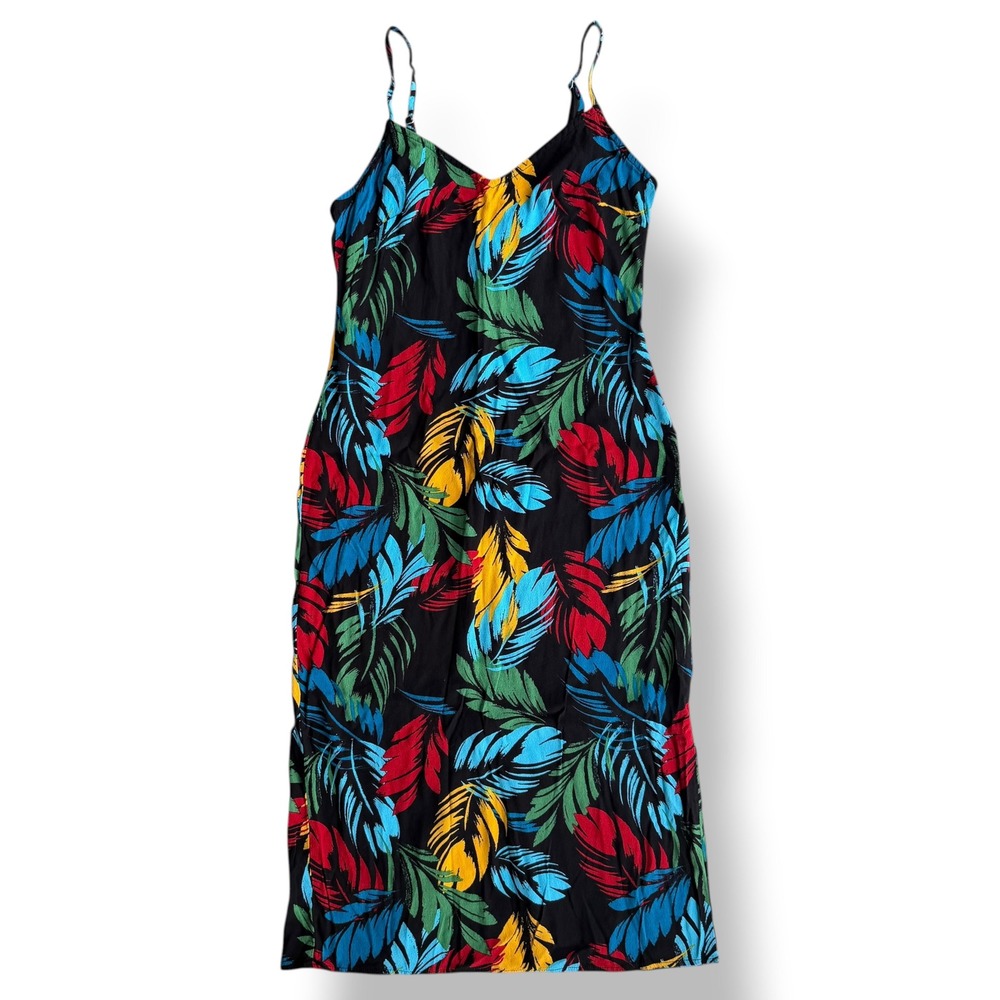 Forever 21 Sz XS Black Red Blue Green Tropical Leaf Print Midi Slip Dress Beachy